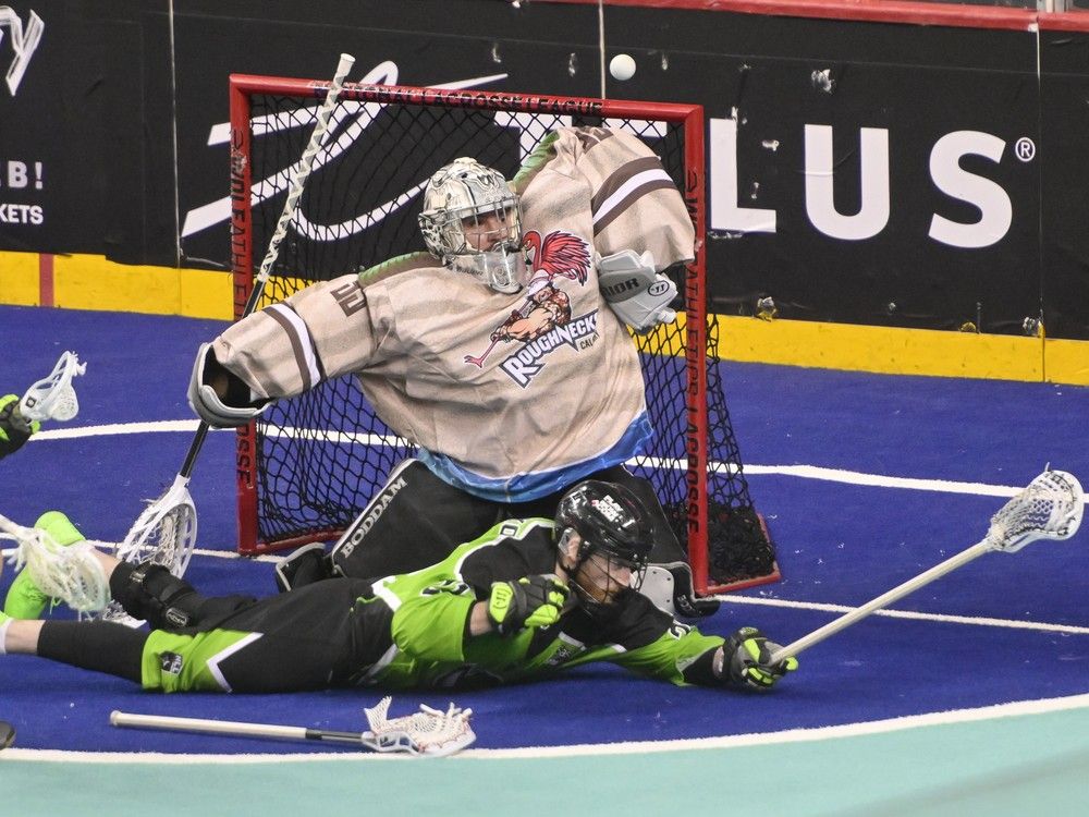 Calgary Roughnecks goaltender Christian Del Bianco defends as the ball sails over the net during a game against the Saskatchewan Rush on WestJet Field at Scotiabank Saddledome on Friday, April 5, 2024.