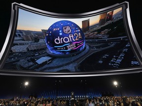 An image of the Sphere is displayed during the first round of the NHL hockey draft, Friday, June 28, 2024, in Las Vegas.