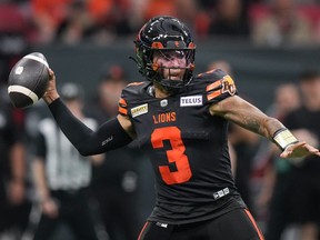 B.C. Lions quarterback Vernon Adams Jr. passes during the first half of a CFL football game against the Edmonton Elks, in Vancouver, on Thursday, June 27, 2024. Adams Jr. was named the CFL's offensive player for the month of June on Wednesday.THE CANADIAN PRESS/Darryl Dyck