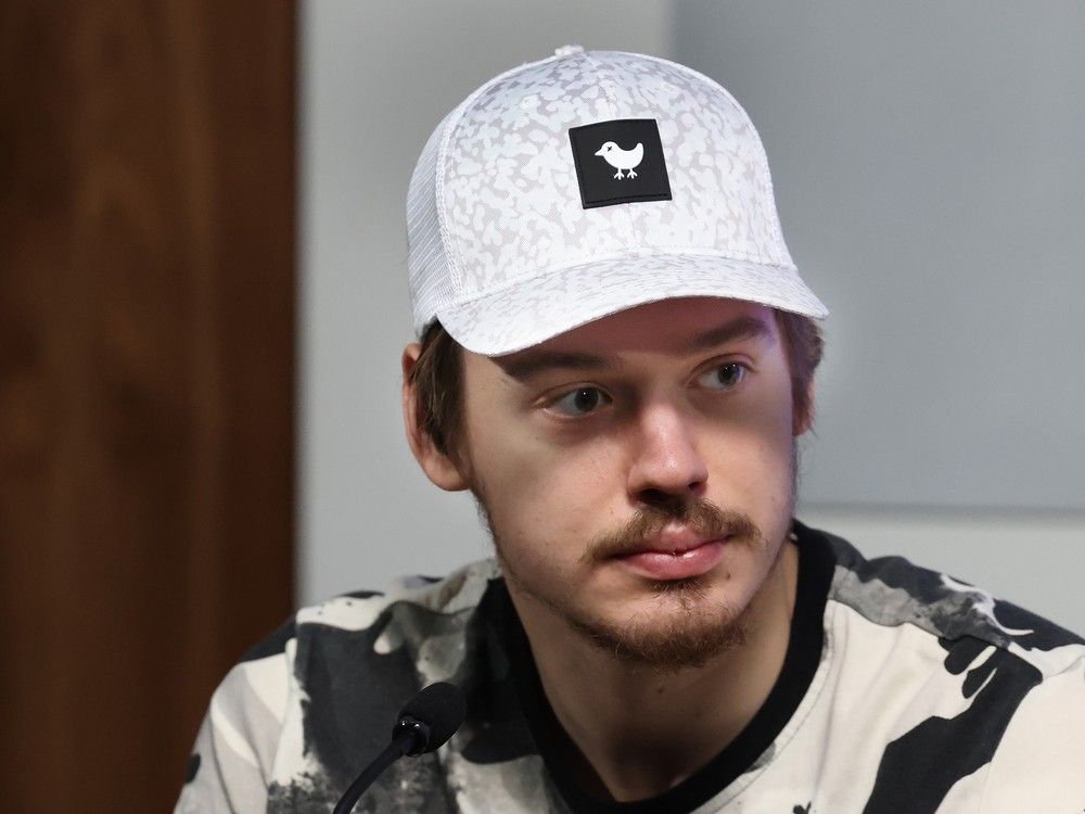 Arturs Silovs talks to media during end of season media avalability at Rogers Arena in Vancouver, B.C., on May 23, 2024.
