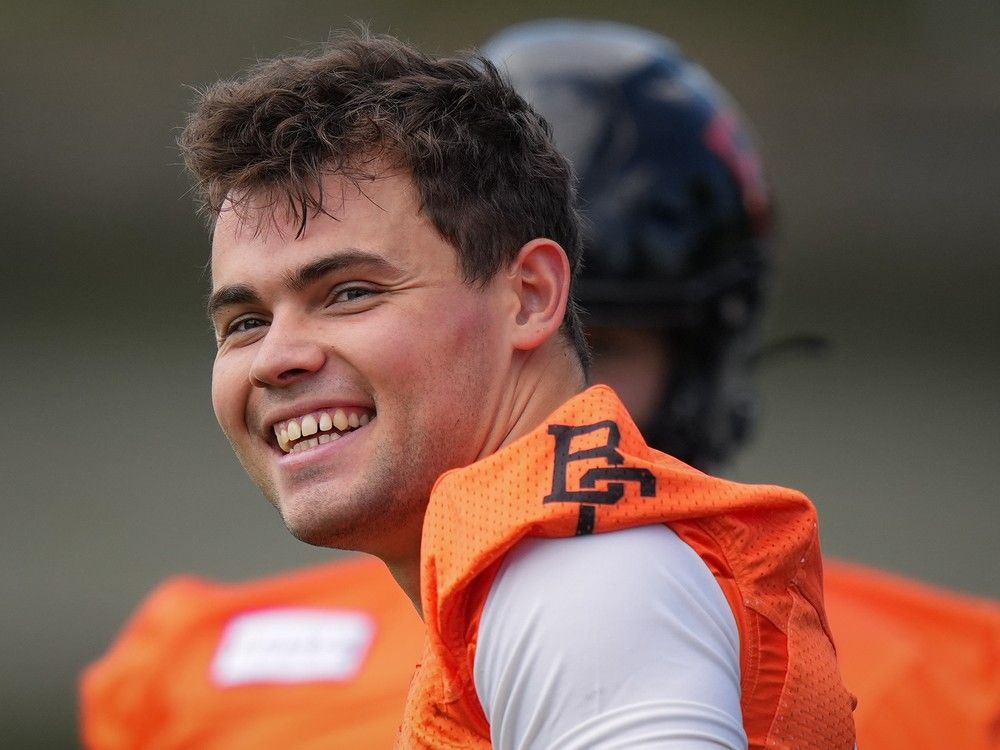 B.C. Lions quarterback Nathan Rourke smiles during practice at the CFL football team's facility, in Surrey, B.C., on Wednesday, August 14, 2024.