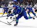 Vancouver Canucks rookie right-winger Jonathan Lekkerimaki unloads a heavy shot against the Los Angeles Kings in January.