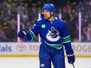 Centre Filip Chytil celebrates after scoring against the Red Wings in his Canucks debut on Feb. 2 at Rogers Arena.