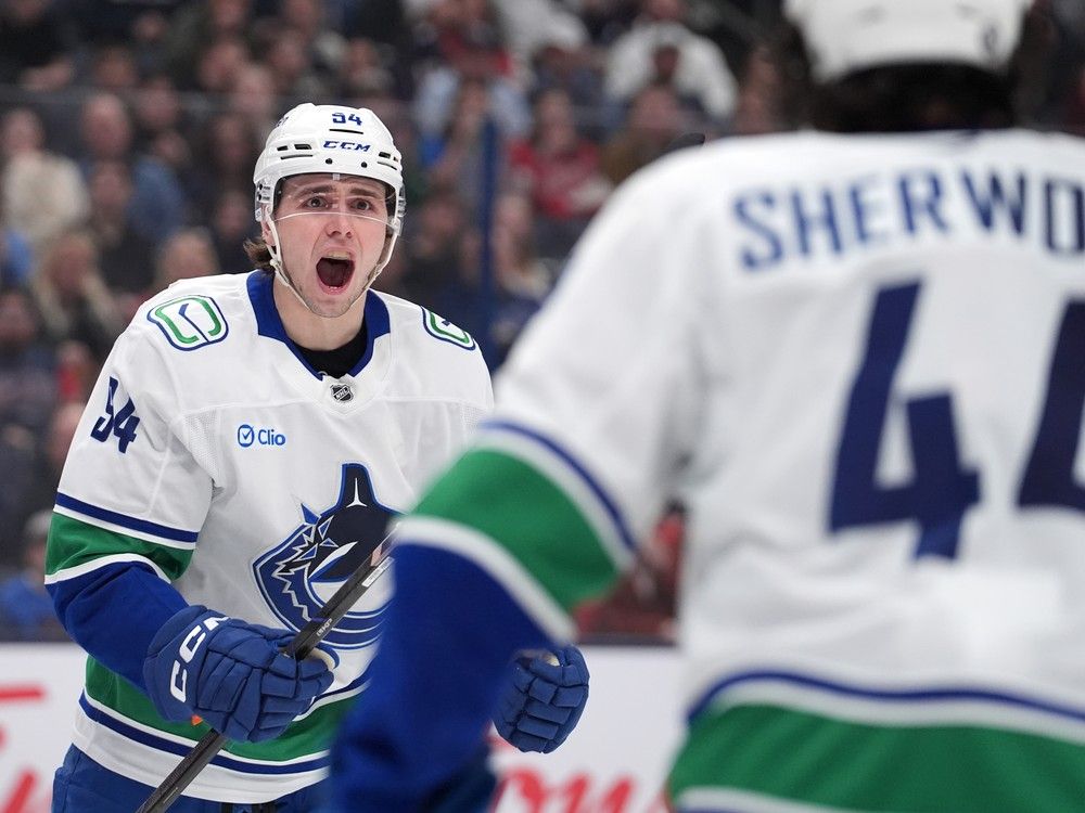 Canucks right winger Linus Karlsson celebrates a goal against the Columbus Blue Jackets at Nationwide Arena in March.