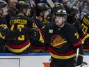 Canucks winger Jake DeBrusk celebrates after scoring against the Ducks at Rogers Arena.