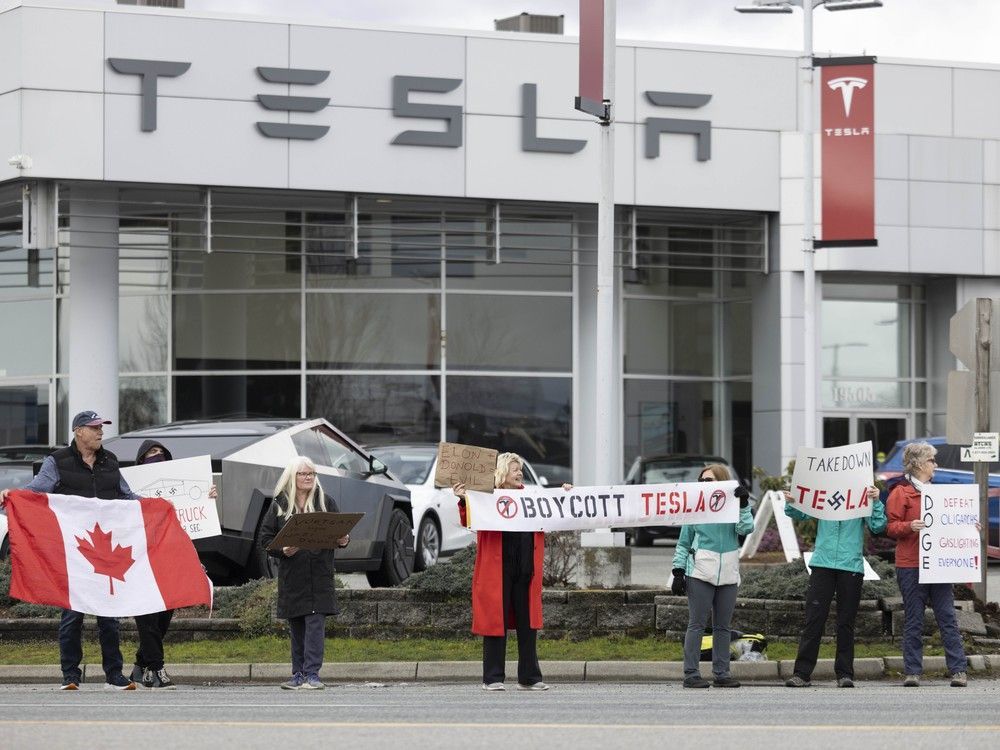 Approximately two dozen people protest outside the Tesla dealership in Langley, March 22, 2025.