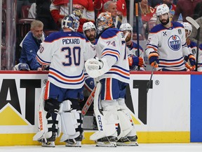 Calvin Pickard #30 takes to the ice as Stuart Skinner #74 of the Edmonton Oilers is benched during the third period against the Florida Panthers in Game Three of the 2025 Stanley Cup Final at Amerant Bank Arena on June 09, 2025 in Sunrise, Florida.