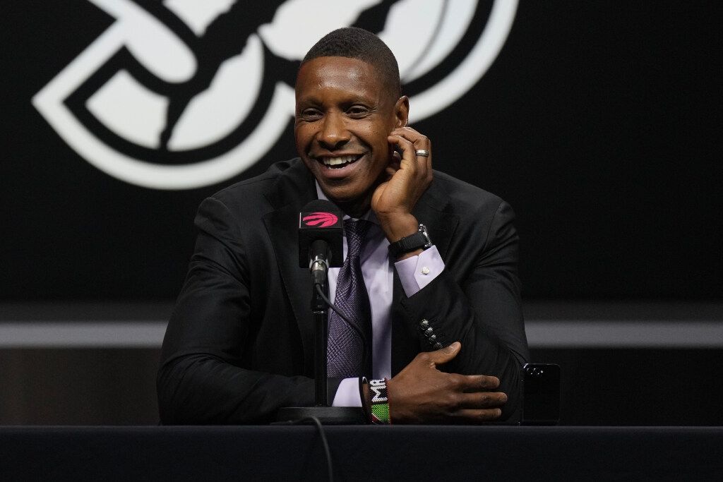 Toronto Raptors President Masai Ujiri speaks to the media in Toronto, Monday, Sept. 30, 2024.