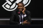 Toronto Raptors President Masai Ujiri speaks to the media in Toronto, Monday, Sept. 30, 2024.