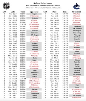 Screenshot of Vancouver Canucks schedule