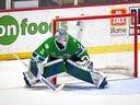 Abbotsford Canucks goaltender Arturs Silovs on the ice against the Charlotte Checkers on June 21, 2025.