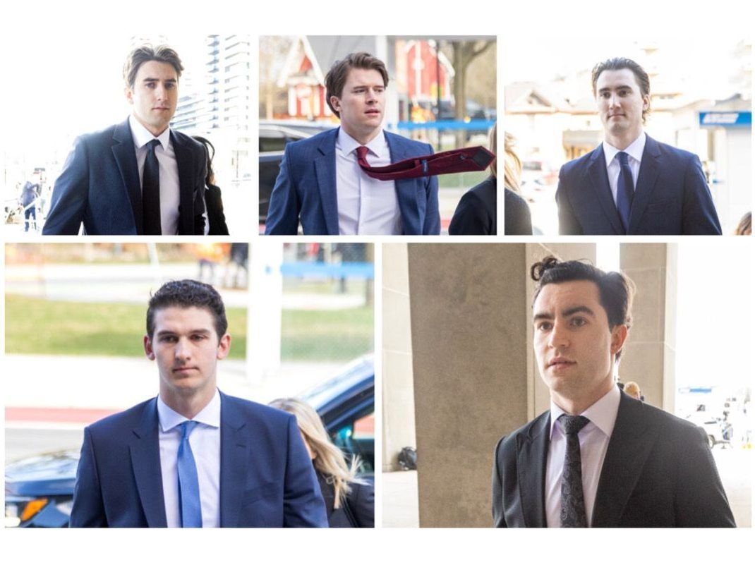 Clockwise from top left: Hockey players Michael McLeod, Carter Hart, Alex Formenton, Dillon Dube and Cal Foote enter the London courthouse for their trial on charges of sexual assault. Photo taken on April 22, 2025.