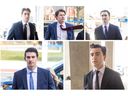 Clockwise from top left: Hockey players Michael McLeod, Carter Hart, Alex Formenton, Dillon Dube and Cal Foote enter the London courthouse for their trial on charges of sexual assault. Photo taken on April 22, 2025.