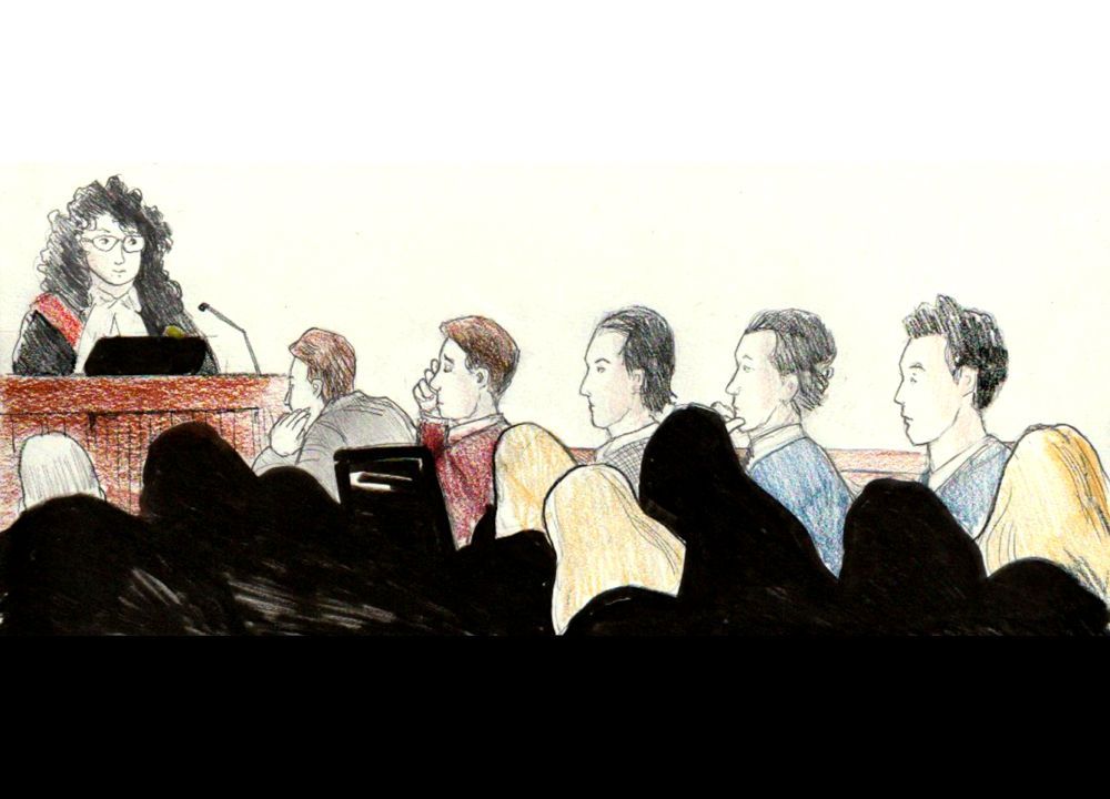 Justice Maria Carroccia reads her verdict as Michael McLeod, Carter Hart, Alex Formenton, Dillon Dube, and Cal Foote look on at the London courthouse on July 24, 2025. (Charles Vincent/Special to The London Free Press)