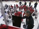 File photo: Dave Cameron, head coach of Canada's National Junior team speaks to his squad at the WFCU Centre in Windsor on Monday, July 29, 2024 during a training camp session.
