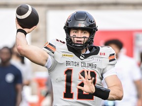 File photo: B.C. Lions quarterback Nathan Rourke throws a pass during first half CFL football action against the Montreal Alouettes in Montreal, Saturday, July 5, 2025.