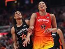 Skylar Diggins, left, of the Seattle Storm battles against Brionna Jones of the Atlanta Dream during the 2025 WNBA All-Star Game at Gainbridge Fieldhouse in Indianapolis, Indiana last month.
