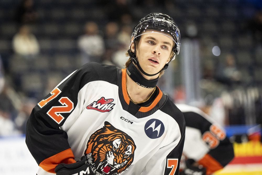 Medicine Hat Tigers star Gavin McKenna warms up before a Memorial Cup game in Rimouski, Que.
