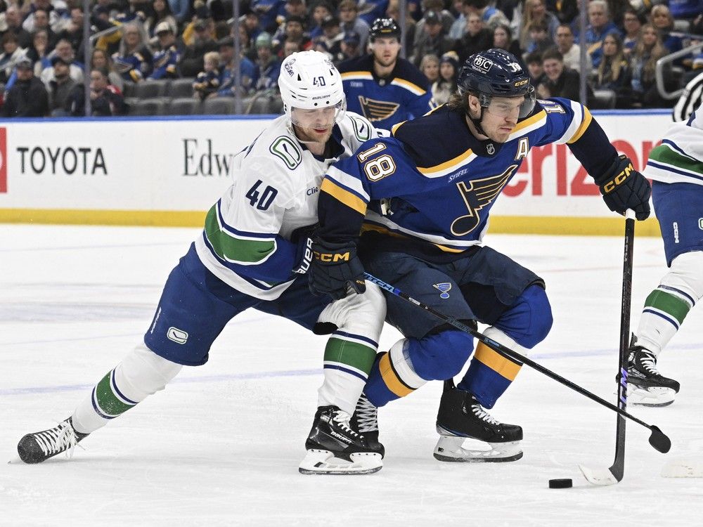 Vancouver Canucks' Elias Pettersson, left, and the Blues' Robert Thomas battle for the puck during an NHL game on Jan. 27 in St. Louis.