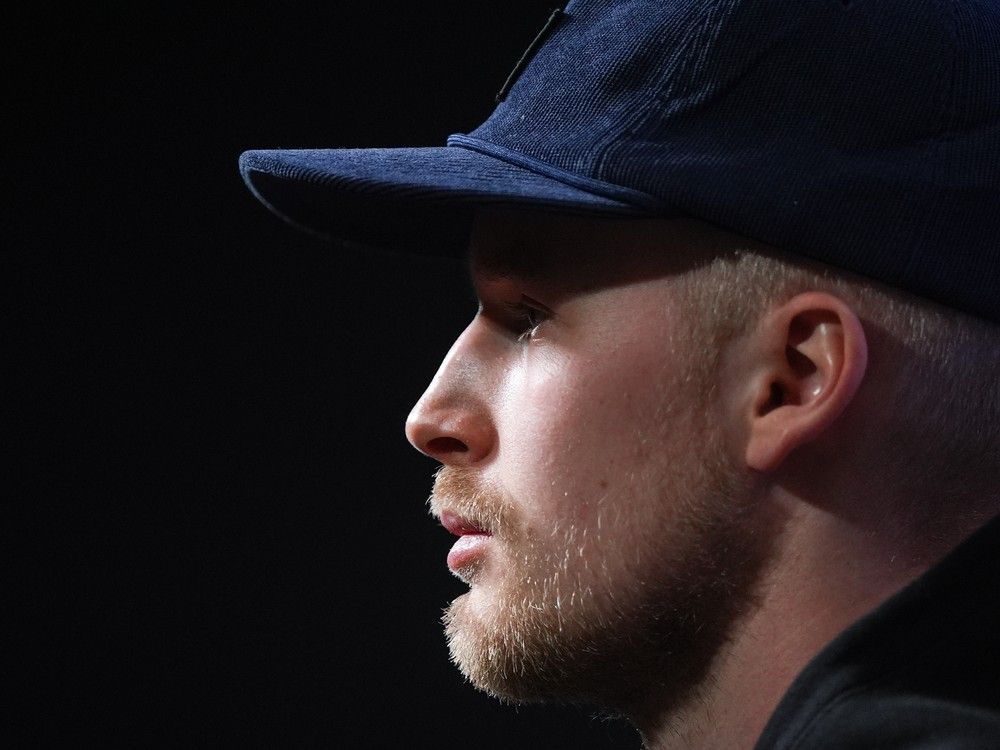 Vancouver Canucks forward Elias Pettersson at the team's end-of-season news conference in April.