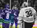 Vancouver Canucks' Vitali Kravtsov (91) celebrates his goal against Chicago Blackhawks goalie Alex Stalock (32) in April 2023