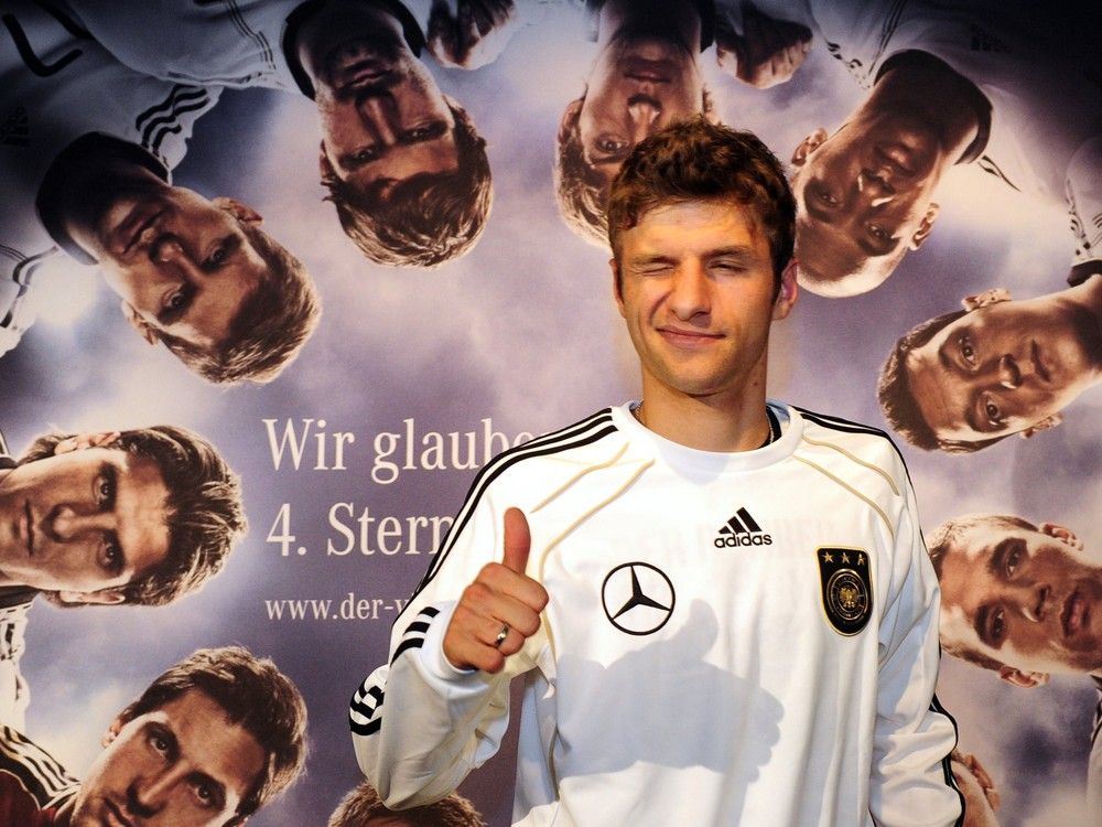 Germany's striker Thomas Mueller gives a thumbs up as he poses for photographers following a press conference at the Velmore hotel in Erasmia near Pretoria on June 30, 2010. Germany will face Argentina in their 2010 Football World Cup quarter-final match in Cape Town on July 3, 2010.