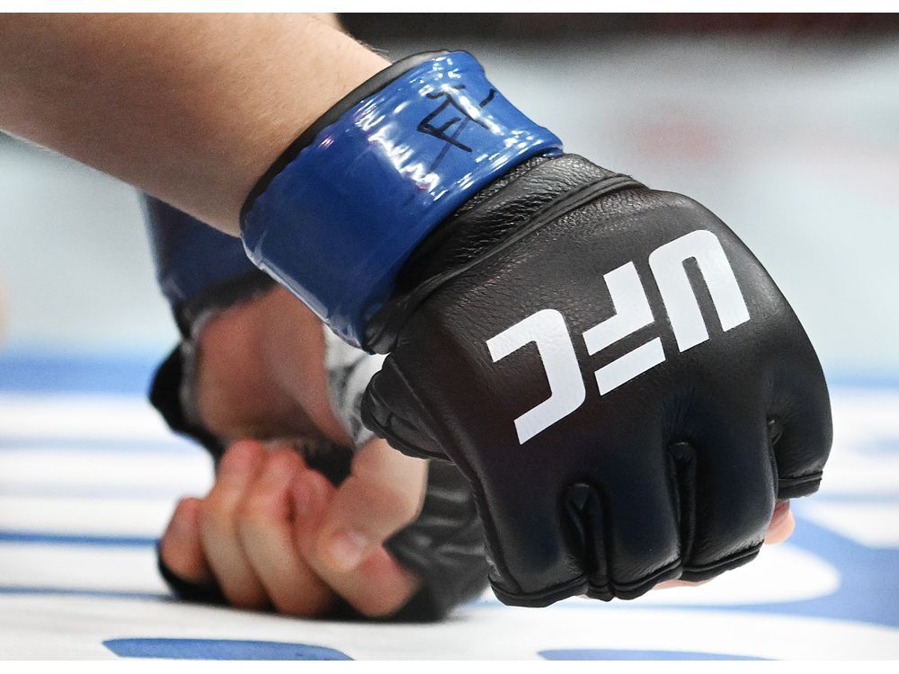 UFC branding on a glove at UFC 315 in Montreal, Saturday, May 10, 2025.