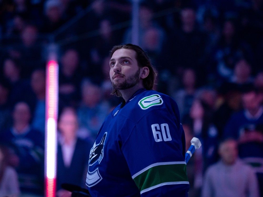 File photo: Nikita Tolopilo looks to the crowd during anthems before his first NHL hockey game on April 14, 2025.