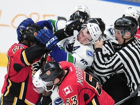 Joe Labate (62) in the middle of the action against the Calgary Flames during third period 2016 NHL Young Stars Classic action at the South Okanagan Events Centre in Penticton.