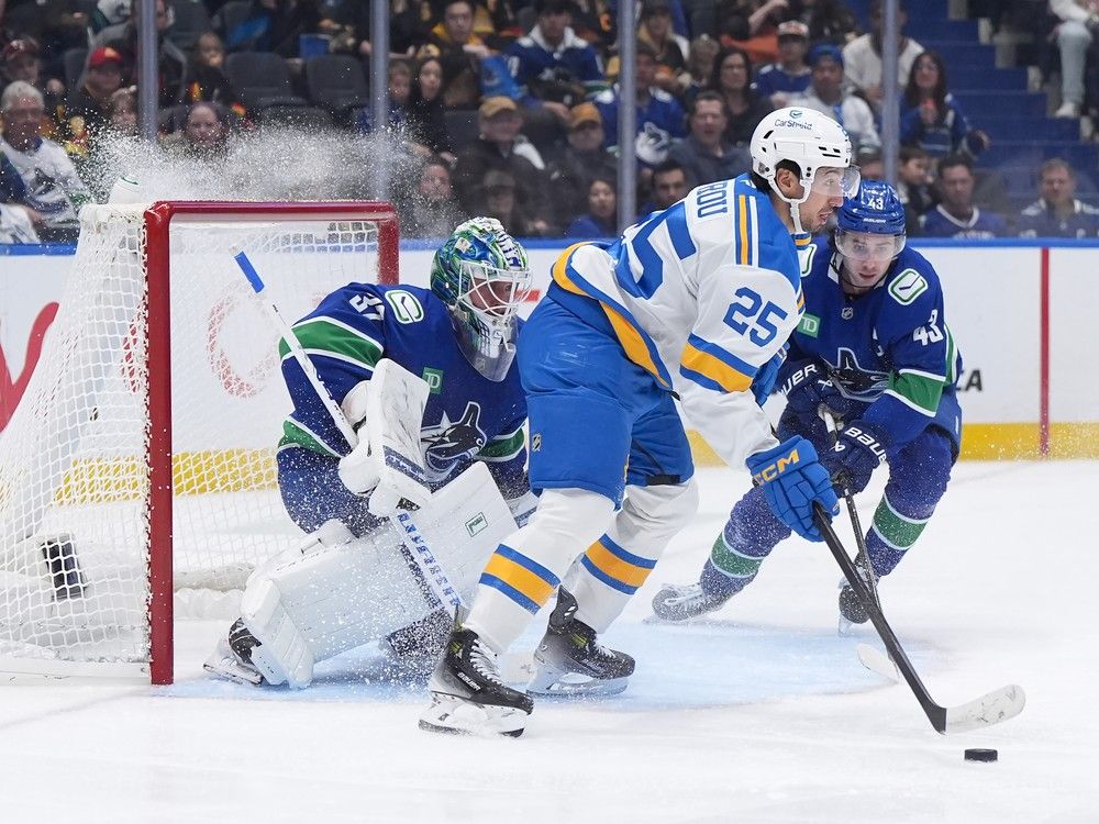 St. Louis Blues’ Jordan Kyrou (25) passes the puck in front of Canucks goalie Kevin Lankinen (32) and Quinn Hughes (43) during the second period