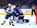 Linus Karlsson celebrates his third period goal against the Tampa Bay Lightning at Benchmark International Arena on Sunday