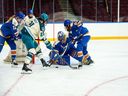 The Vancouver Goldeneyes and Seattle Torrent scrimmage at the Pacific Coliseum last weekend. They'll play their first regular season games there tonight and before a sellout crowd.