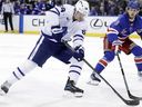 Toronto Maple Leafs centre David Kampf drives to the net against New York Rangers on Feb. 28, 2025 in New York.