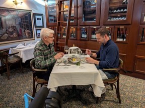 NHL hockey fans, including Vancouver Canucks supporter actor Jason Priestley (r), join host Dave Foley for the new Crave series Hockey Fanatics. The series that travels to various NHL cities and meets with fans starts streaming on Feb. 6.