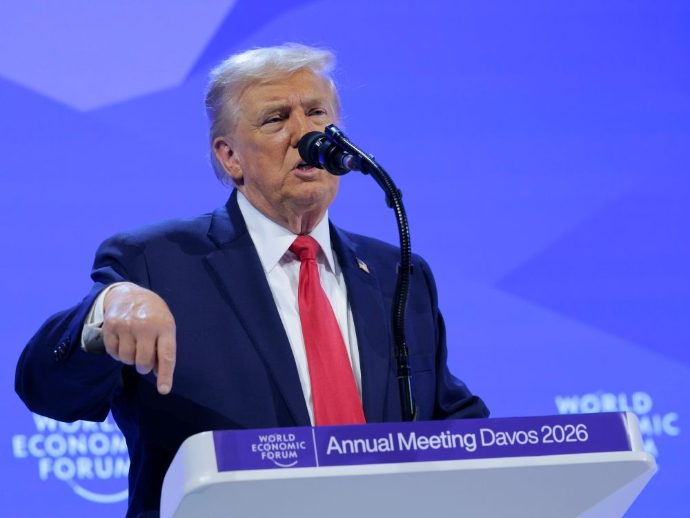 U.S. President Donald Trump gives a speech at the World Economic Forum (WEF) on January 21, 2026 in Davos, Switzerland.