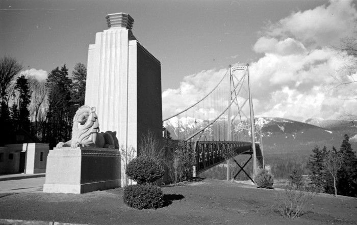 Lion sculpture at the south end of the Lions Gate Bridge, 1939. The scupture was done by Charles Marega. James Crookall Vancouver Archives AM640-S1-: CVA 260-987