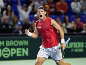 Liam Draxl of Canada reacts after winning his match against Joao Lucas Reis Da Silva of Brazil as they play in their Davis Cup Qualifier first round match between Canada and Brazil at Doug Mitchell Thunderbird Arena on February 5, 2026 in Vancouver, Canada.
