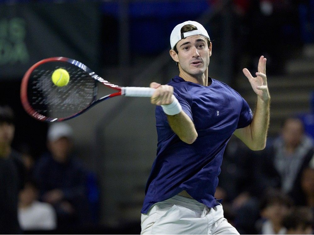 Gustavo Heide of Brazil returns a shot during his match against Gabriel Diallo of Canada as they play in their Davis Cup Qualifier first round match between Canada and Brazil at Doug Mitchell Thunderbird Arena on February 5, 2026 in Vancouver, Canada.