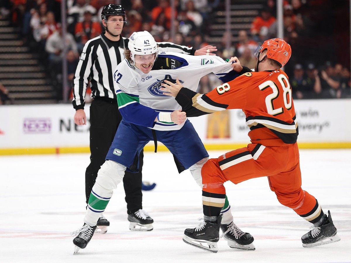 Curtis Douglas fights Jeffrey Viel #28 of the Anaheim Ducks during the first period