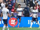 Vancouver Whitecaps' Mathias Laborda and Tristan Blackmon celebrate Laborda's goal against New York City FC in Vancouver on Saturday, April 11, 2026.
