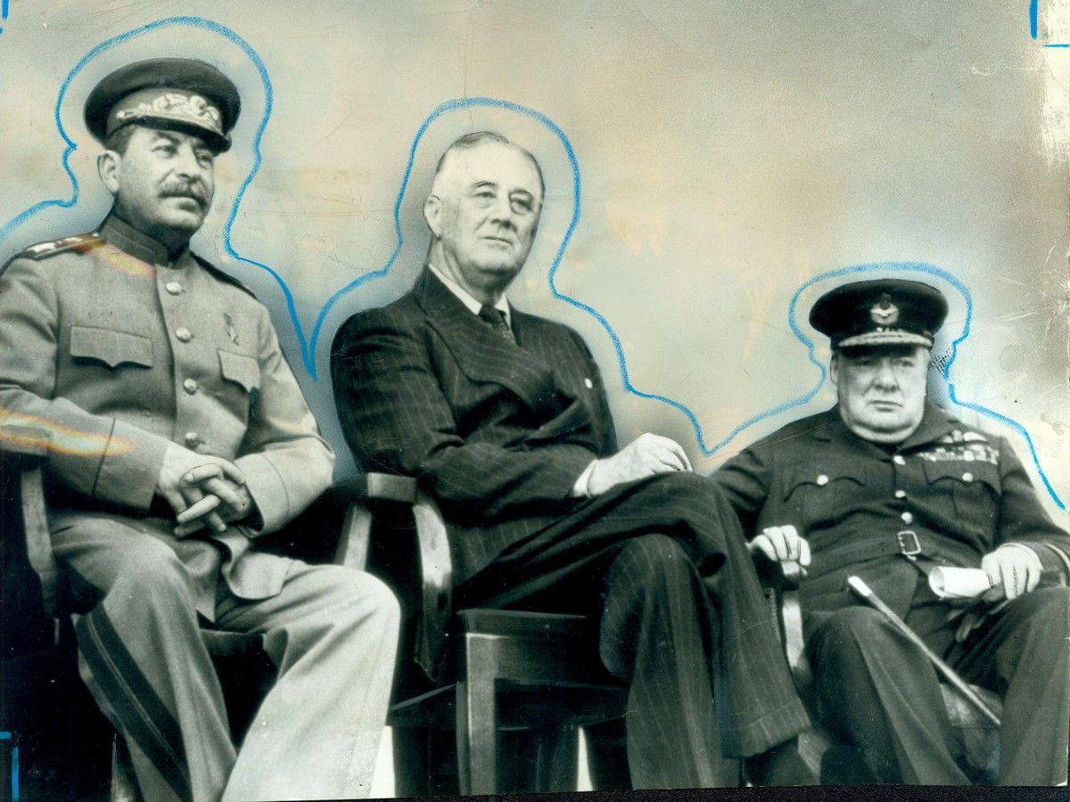 Dr. John Giovanni claimed to have picked the pockets, or removed the suspenders, from two of the "Big Three" allied leaders in the Second World War — American President Franklin D. Roosevelt, centre, and British Prime Minister Winston Churchill, right. Here they're in Tehran at an Allied conference in December 1943. Soviet leader Joseph Stalin is at left.