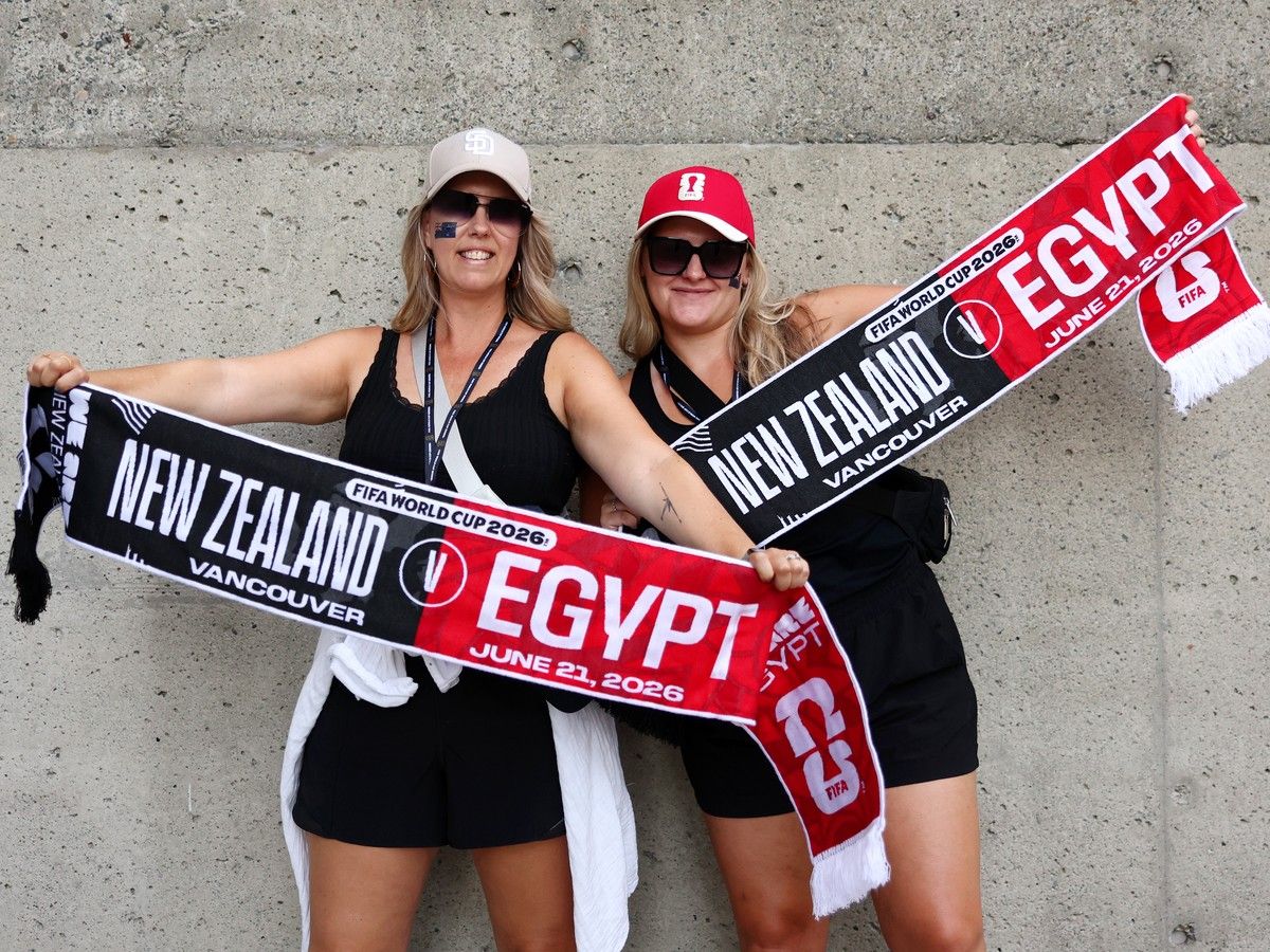 New Zealand fans pose for photos as they arrive before the FIFA World Cup 2026 Group G match between New Zealand and Egypt at BC Place Vancouver on June 21, 2026 in Vancouver.