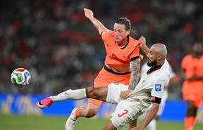 Netherlands' forward #09 Wout Weghorst and Morocco's defender #03 Noussair Mazraoui fight for the ball during the 2026 World Cup round of 32 football match between the Netherlands and Morocco at the Monterrey Stadium in Guadalupe on June 29, 2026.