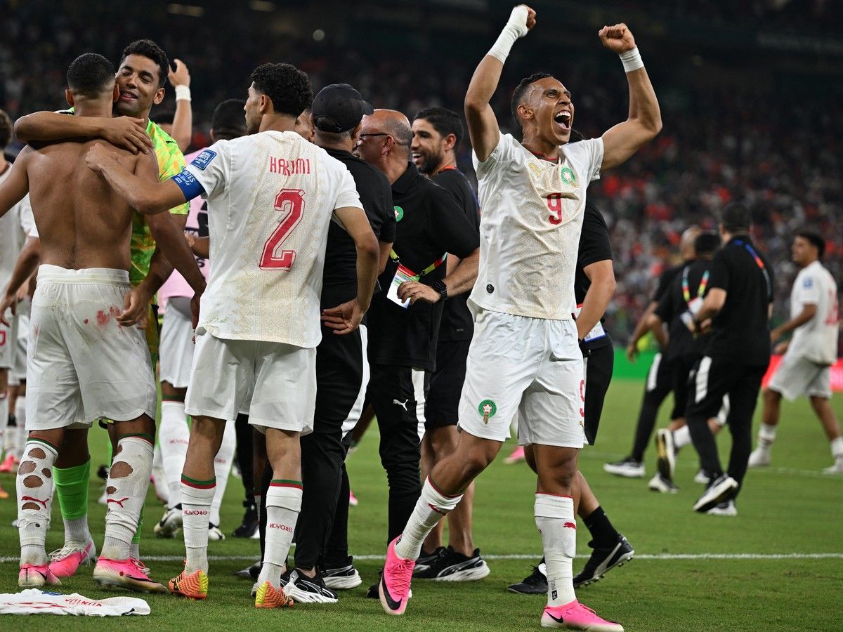 Morocco's forward #09 Soufiane Rahimi celebrates after winning the penalty shootout of the 2026 World Cup round of 32 football match between the Netherlands and Morocco at the Monterrey Stadium in Guadalupe on June 29, 2026.