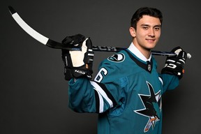 Ryan Lin poses for a portrait after being selected 21st overall by the San Jose Sharks during Day 1 of the 2026 NHL draft on June 26, 2026 in Buffalo.
