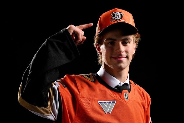 Mathis Preston poses for a portrait after being selected 50th overall by the Anaheim Ducks during Day 2 of the 2026 NHL draft on June 27, 2026 in Buffalo.
