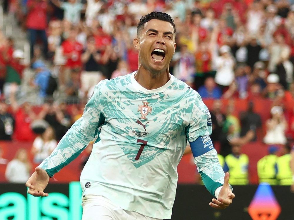 Portugal forward Cristiano Ronaldo celebrates after scoring his team's first goal from the penalty spot during the 2026 World Cup round of 32 football match between Portugal and Croatia at the Toronto Stadium in Toronto on July 2, 2026.