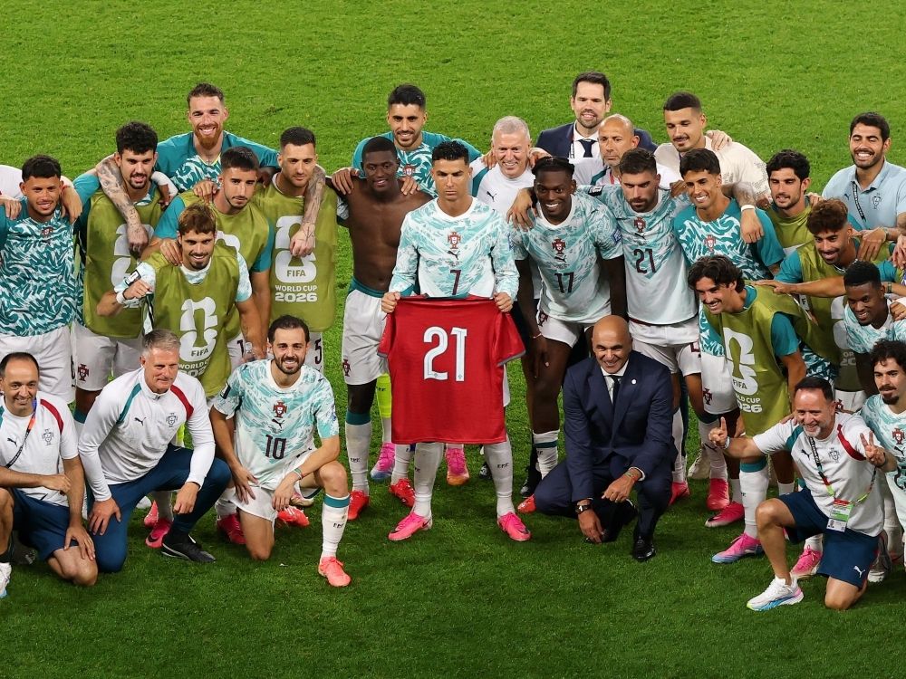 Cristiano Ronaldo of Portugal and teammates celebrate with a shirt in commemoration of late teammate Diogo Jota after the 2-1 win against Croatia at FIFA World Cup 2026.