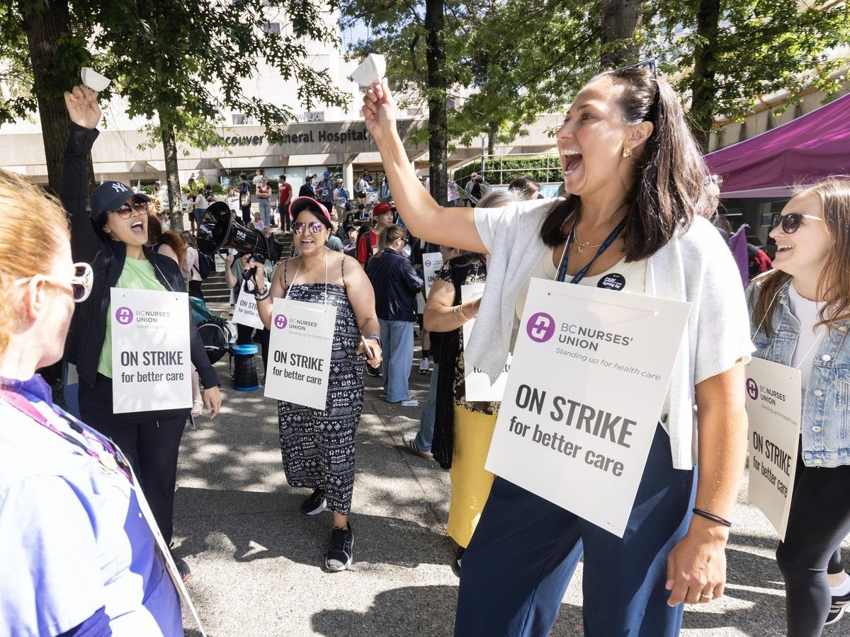 Nurses take to the picket line in front of Vancouver General Hospital on July 7.