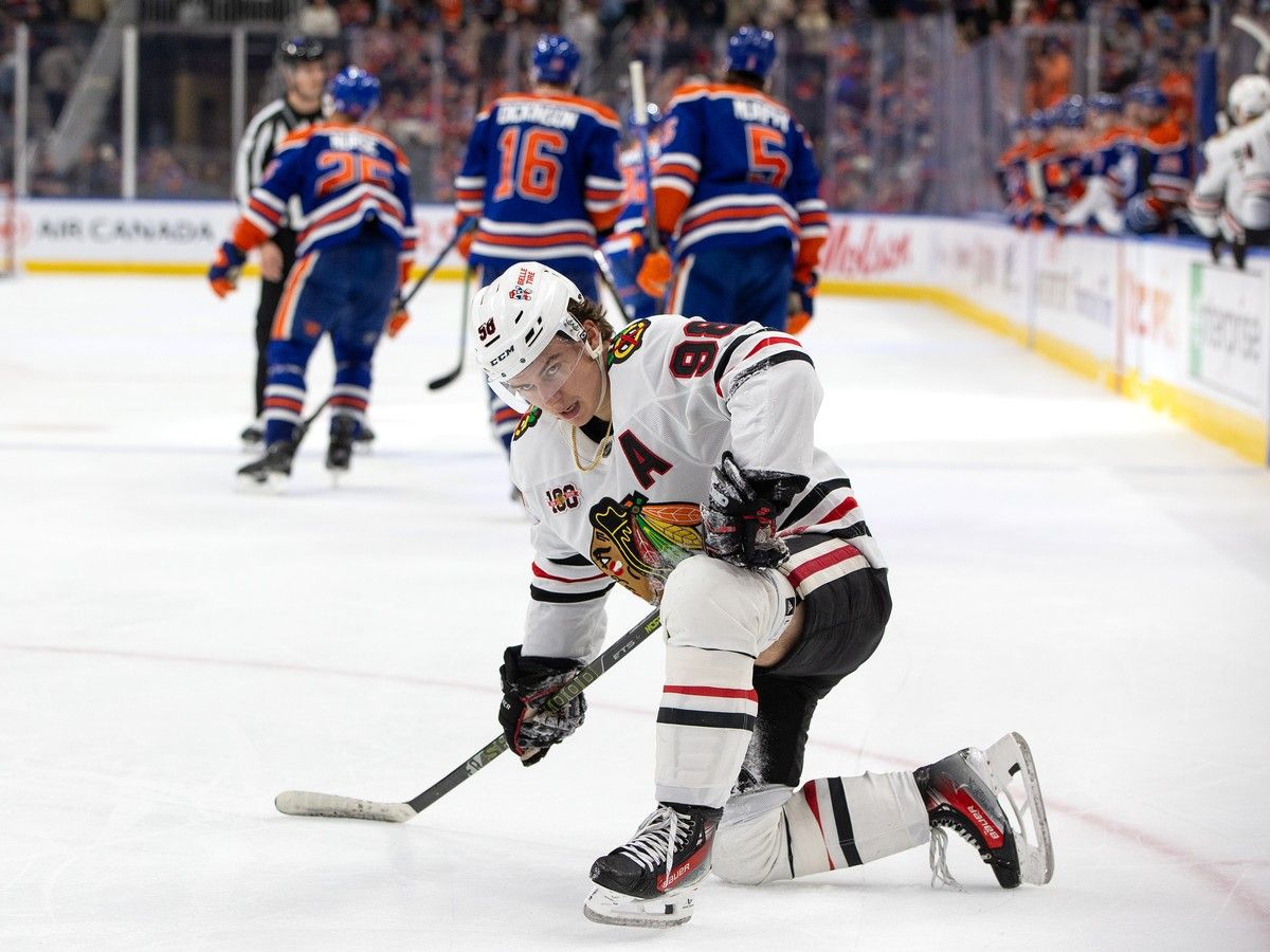 File photo: Chicago Blackhawks' Connor Bedard (98) reacts following an empty net goal against the Edmonton Oilers on April 2, 2026.
